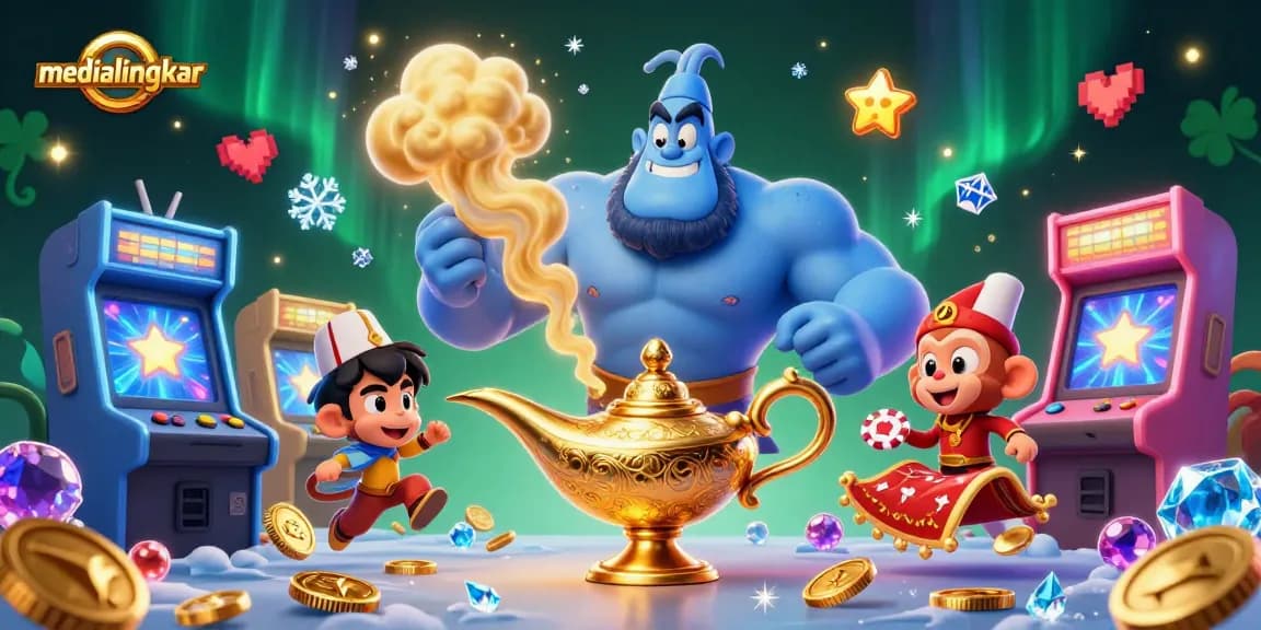 Experience the thrill of online gaming at medialingkar with a vibrant casino scene featuring a magical genie.