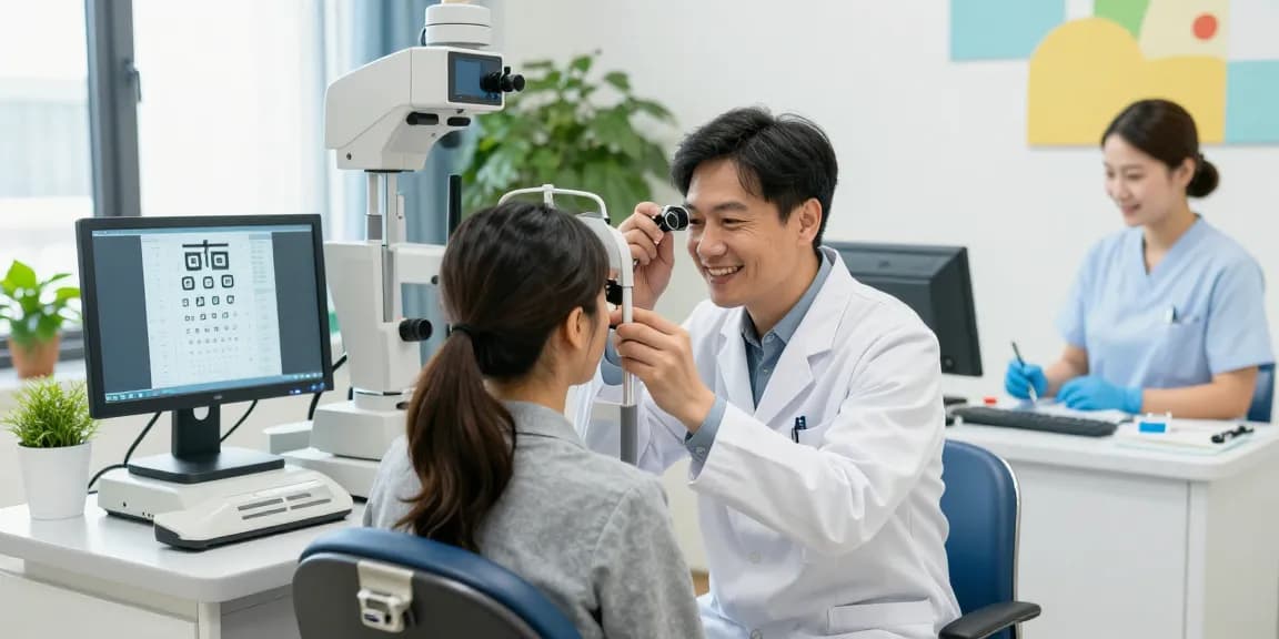 ตรวจสายตา in an advanced eye clinic with a doctor examining a patient using digital tools and bright, welcoming decor.