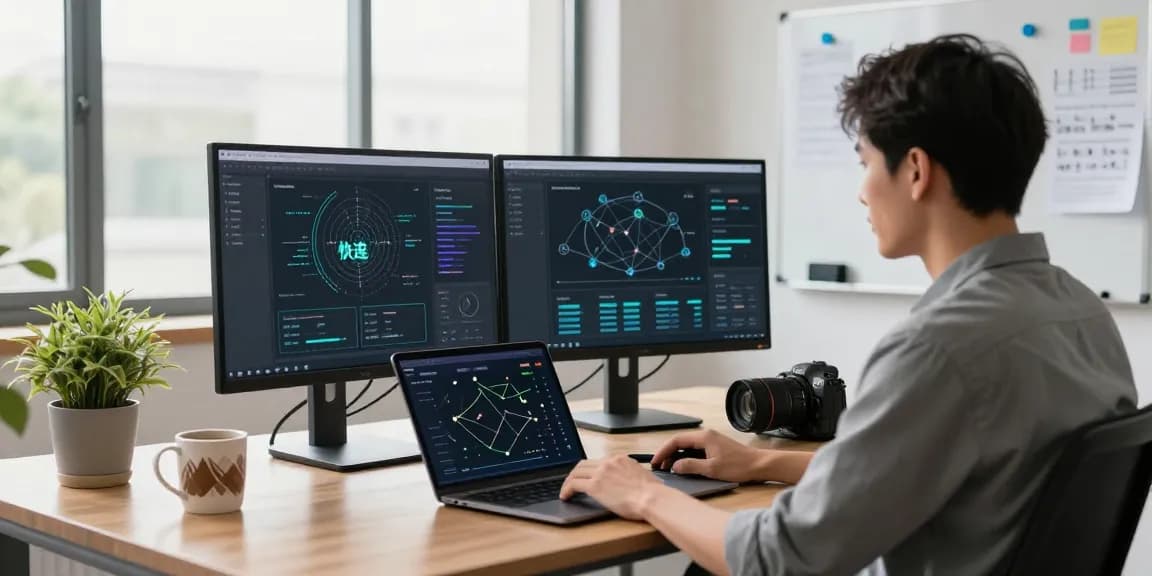 快连 network optimization software displayed on dual monitors in a modern office, capturing a productive workspace atmosphere.