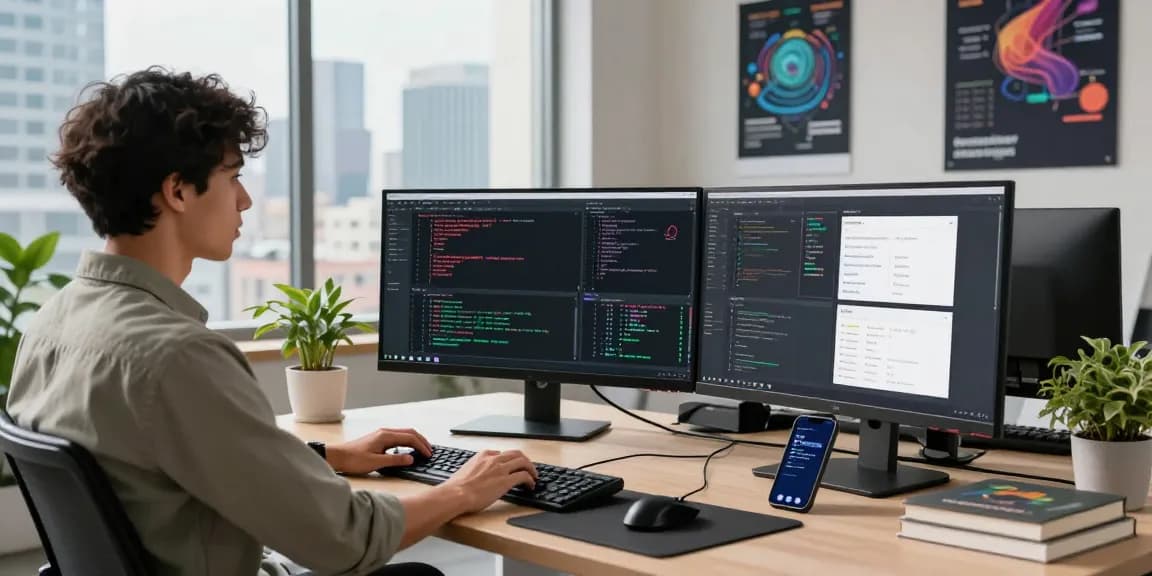 Kinetiq software developer at a modern workspace with monitors showing code and data analytics.
