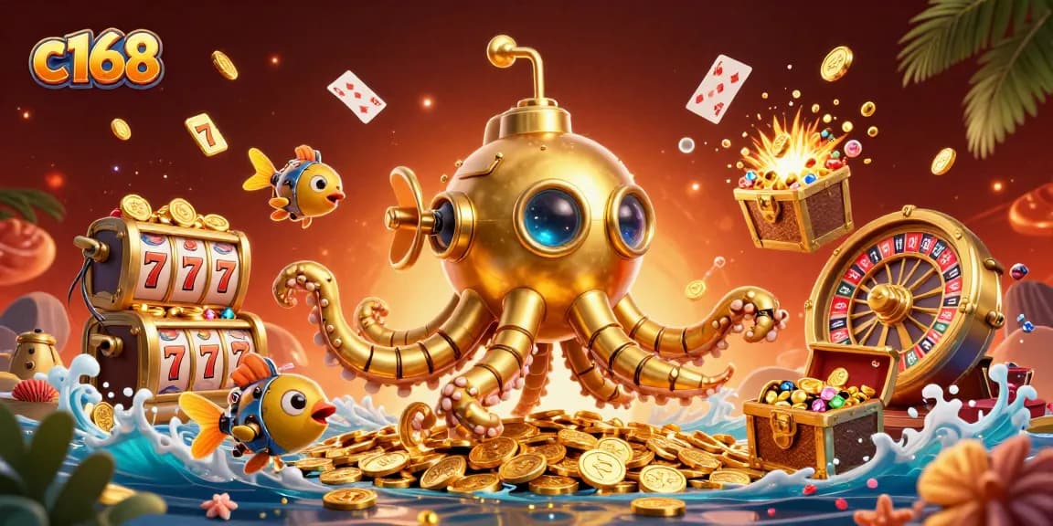 Experience thrilling gameplay with c168's golden kraken submarine surrounded by slots and treasures.
