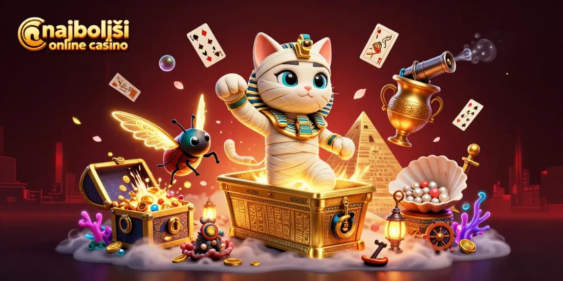 Uživajte v najboljšem spletnem casino vzdušju s sliko, kjer se egiptovska mačka in skarabej igrata s kartami.