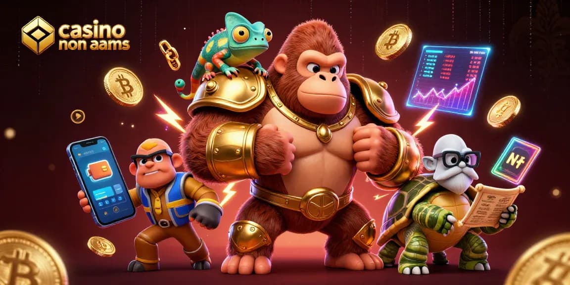 Guarda personaggi potenti in una scena vibrante che mostra le caratteristiche dei casinò non AAMS e elementi di gioco con criptovalute.