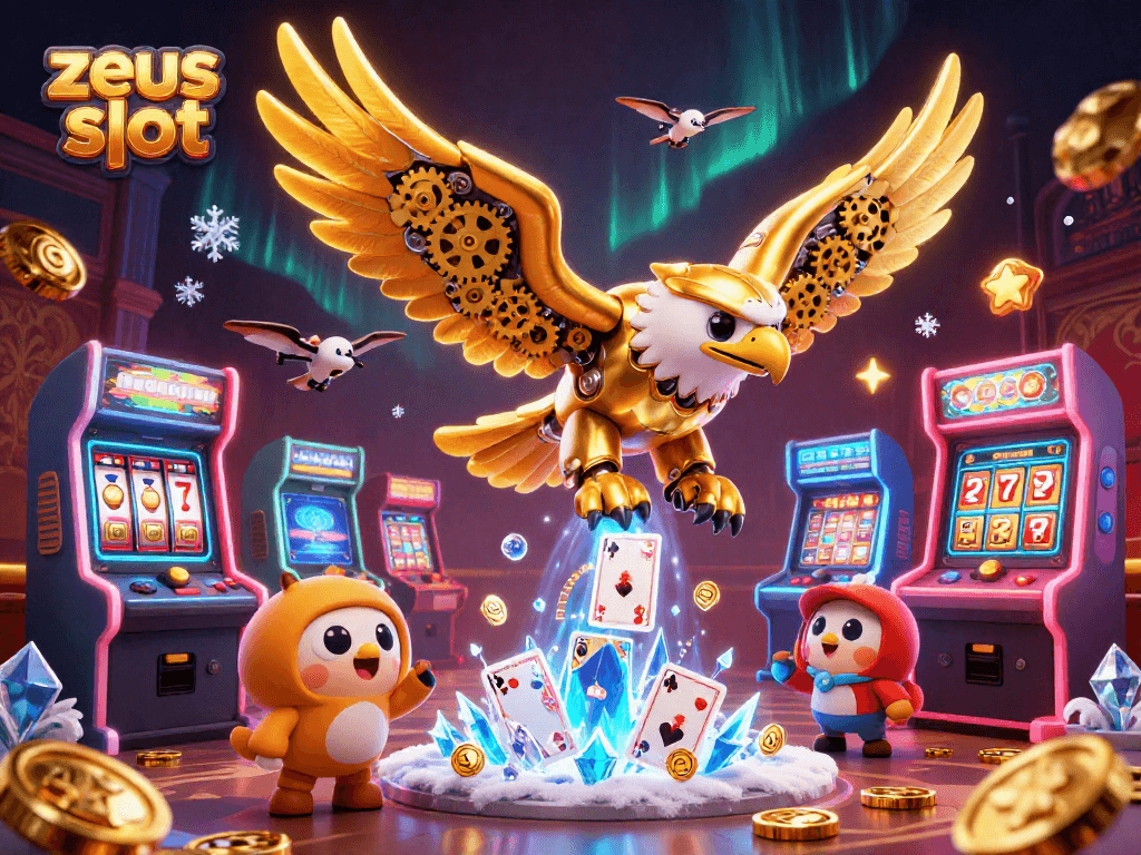 Engage with the zeus slot game, featuring dynamic 3D illustrations of cybernetic creatures and casino elements.