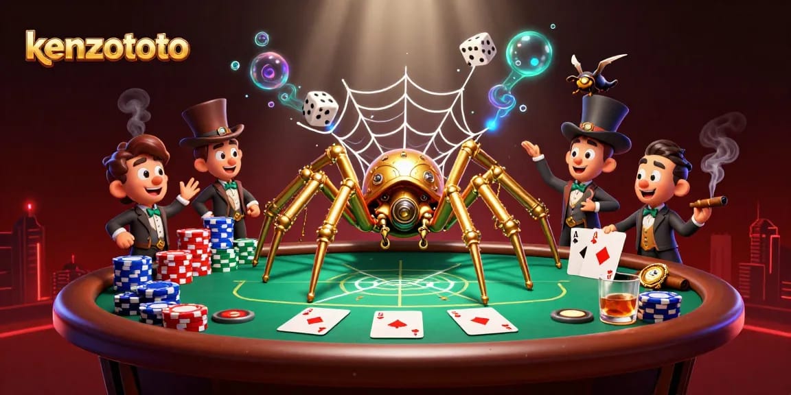 Kenzototo captures the thrill of online gambling with a golden spider web, poker chips, and a Victorian fly gentleman.
