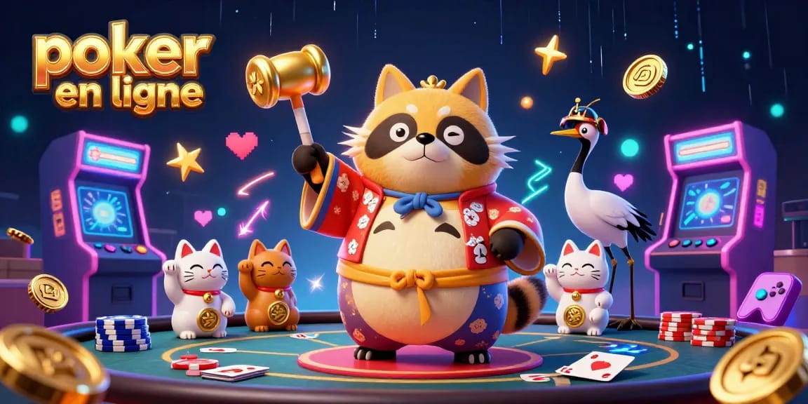 Jouer au poker en ligne avec le tanuki et des éléments de casino colorés pour gagner