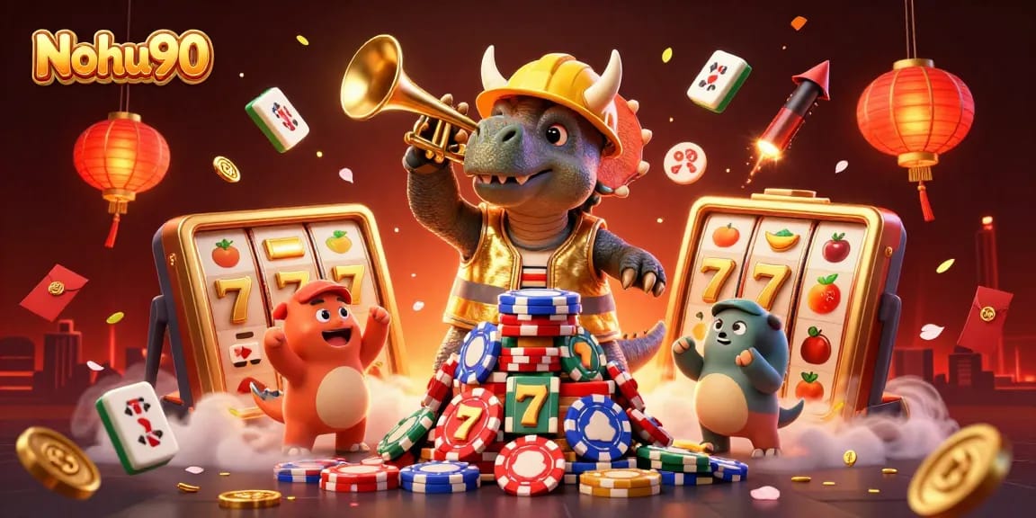Nohu90 showcases a vibrant 3D carnival scene full of joyous dinosaurs and casino game elements celebrating potential jackpots.