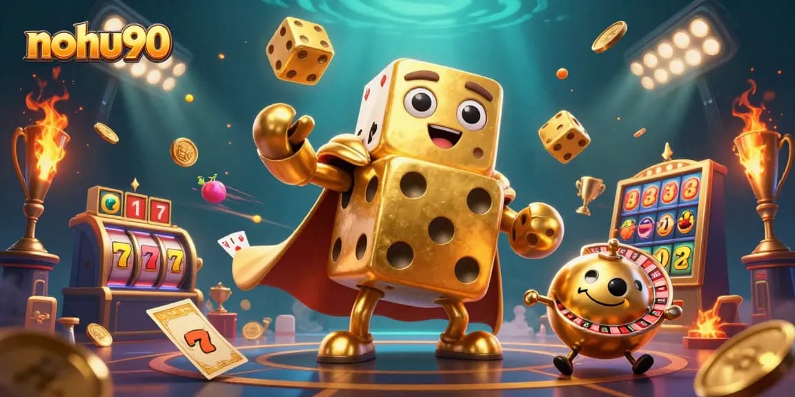 Nohu90 showcases dynamic slot machines and a golden dice character juggling coins in a vibrant casino scene.