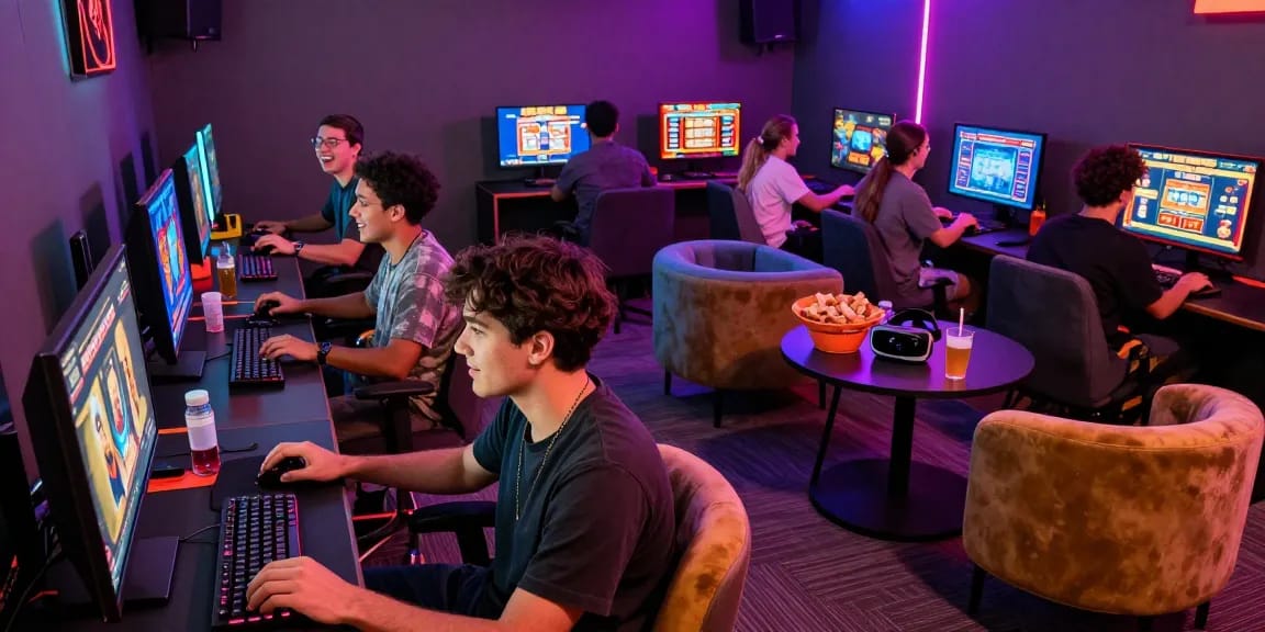 Exciting gaming lounge with players enjoying Daftar Dominobet online games in vibrant atmosphere.