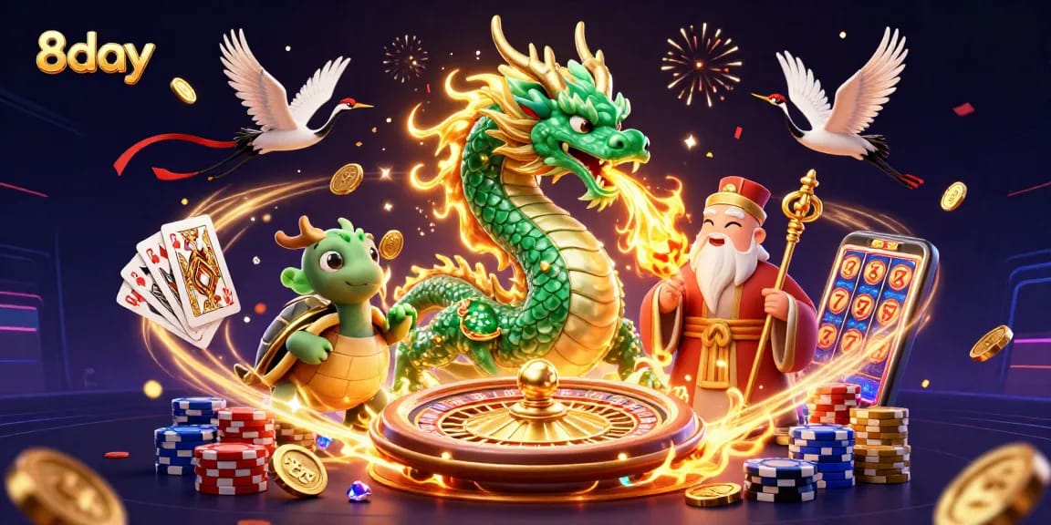 Experience the epic 8day casino adventure with jade dragon and lucky cranes amid swirling gold coins.