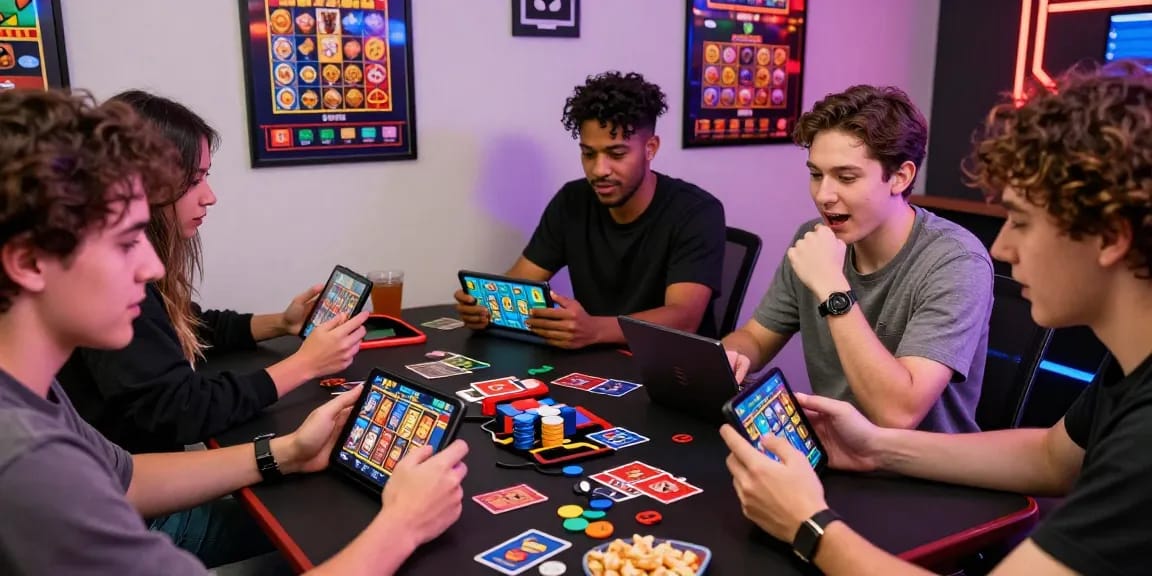 Diverse friends enjoying the excitement of slot games, targeting a slot deposit 1k for jackpot opportunities.