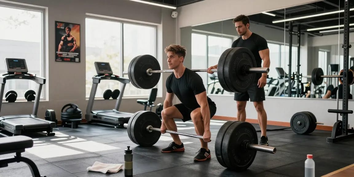 Bodybuilder working out in the gym, showcasing products from Deus Medical Shop for effective training.