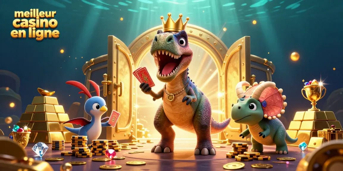 Illustration d'un T-Rex jouant aux cartes au meilleur casino en ligne, entouré d'or et de gemmes scintillantes.