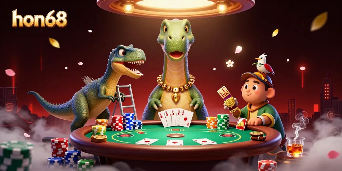 Engage in thrilling games at hon68, where players encounter a giant brontosaurus and clever dealer raptor at a vibrant poker table.