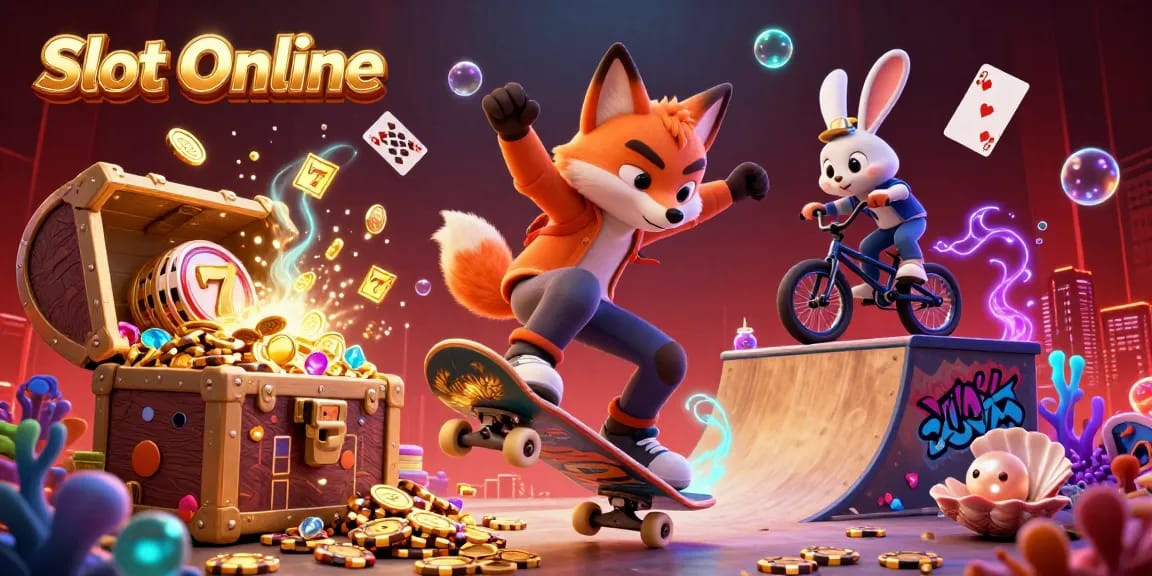 Engage with vibrant Slot Online gaming action in a cartoon scene featuring dynamic characters and casino elements.