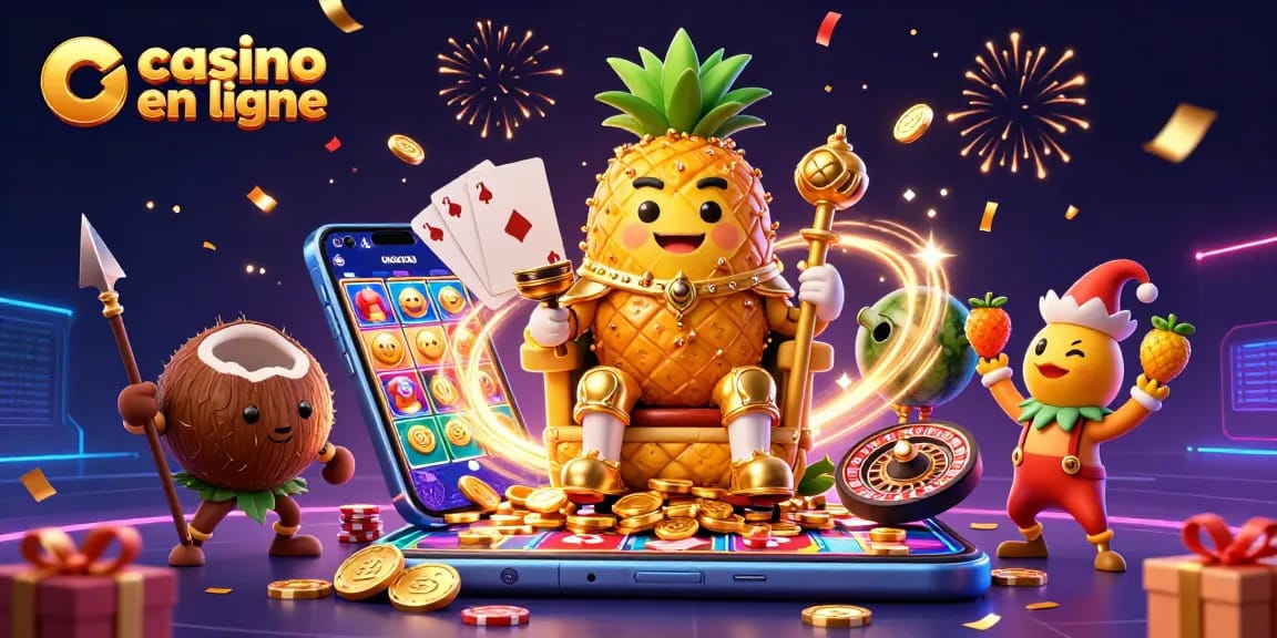 Profitez des sensations du casino en ligne avec un roi ananas en 3D ludique entouré de jeux