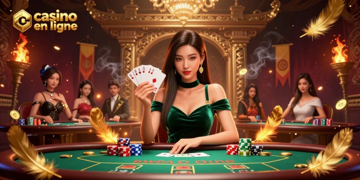 Jouez à des jeux palpitants au casino en ligne avec une incroyable joueuse de poker asiatique entourée d'éléments de jeu riches.