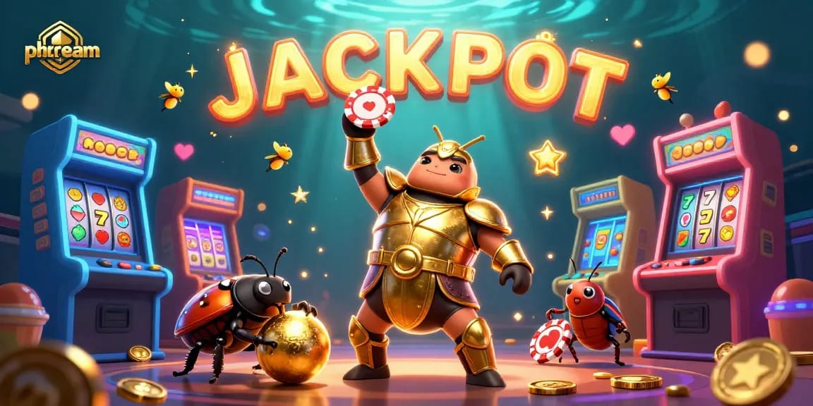 phdream showcases the thrill of online gambling with a victorious beetle lifting a poker chip amidst vibrant casino elements.