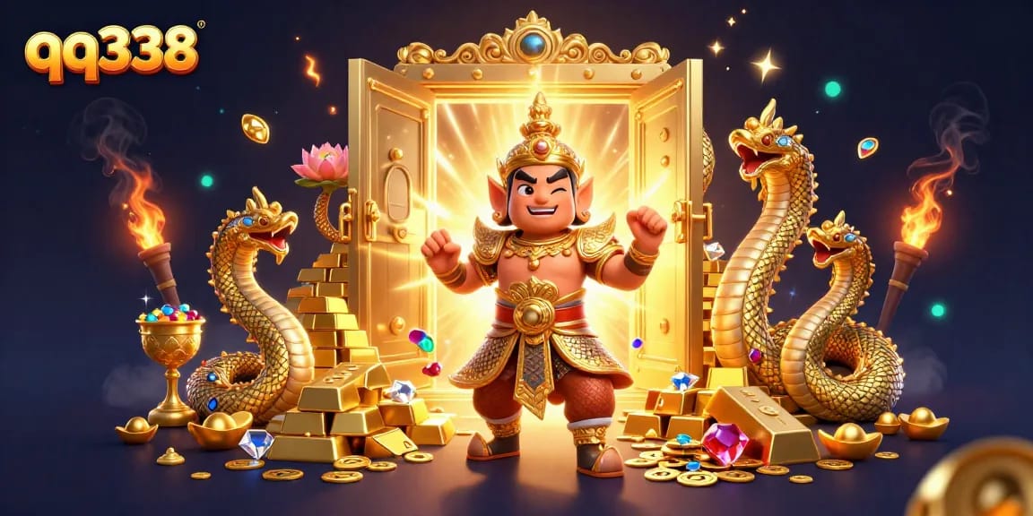Play thrilling games with QQ338 featuring a guardian amidst treasures and gems.