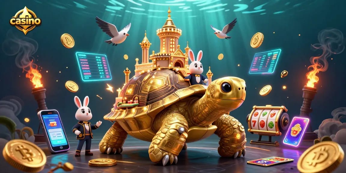 Experience vibrant casino energy with a golden tortoise, casino palace, and crypto elements.