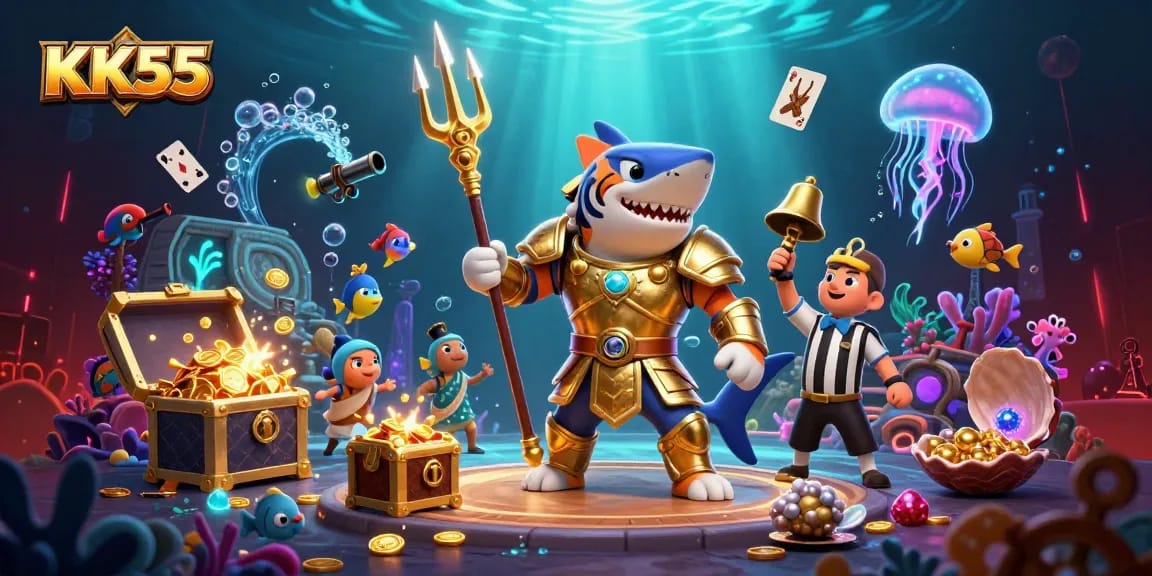 Engaging in thrilling underwater slots adventures at KK55 with vibrant illustrations of game elements.