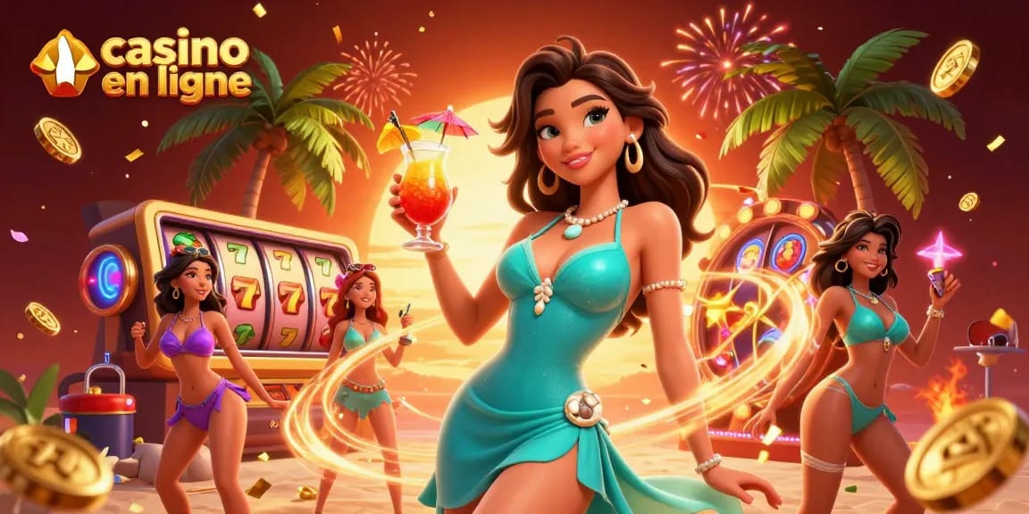 Vivez des moments palpitants avec le casino en ligne et profitez de jeux de machines à sous vibrants dans cette illustration festive.