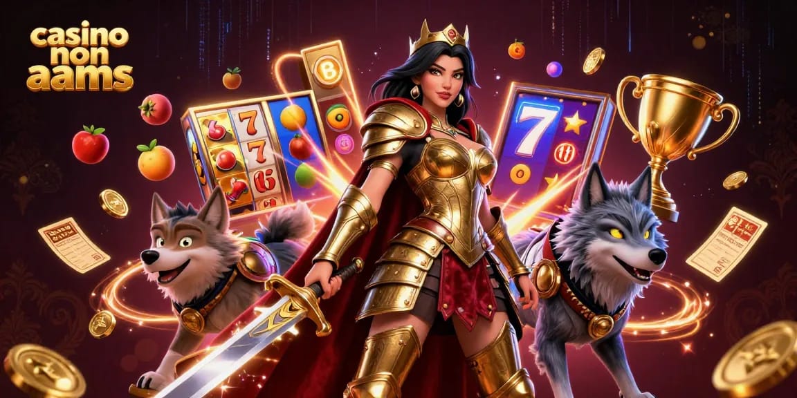 Interagisci con la dinamica scena dei casinò non AAMS che presenta una regina guerriera e affascinanti elementi di slot.