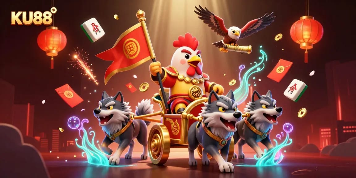 Engage with KU88’s vibrant casino artwork featuring a rooster warlord in a gold chariot amidst dynamic elements.
