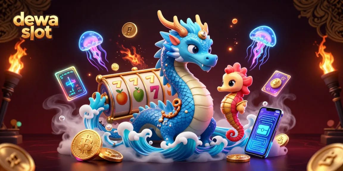 Dive into the excitement with dewa slot, featuring a 3D dragon and seahorse amidst colorful slot symbols and crypto elements.