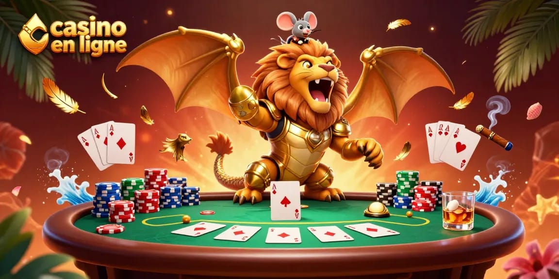 Plongez dans l'action du casino en ligne à travers une illustration 3D vibrante mettant en scène une chimère et des éléments de poker.