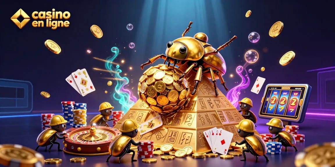 Casino en ligne : une scène dynamique avec un scarabée d'or et des éléments de jeu captivants.