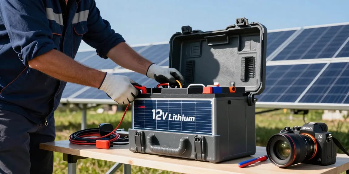 12V Lithium Battery used in off-grid solar installation with technician connecting components outdoors, emphasizing renewable energy.
