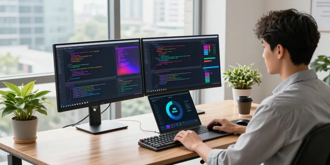 快连 VPN interface displayed on a modern workstation with dual monitors, showcasing a vibrant coding environment.