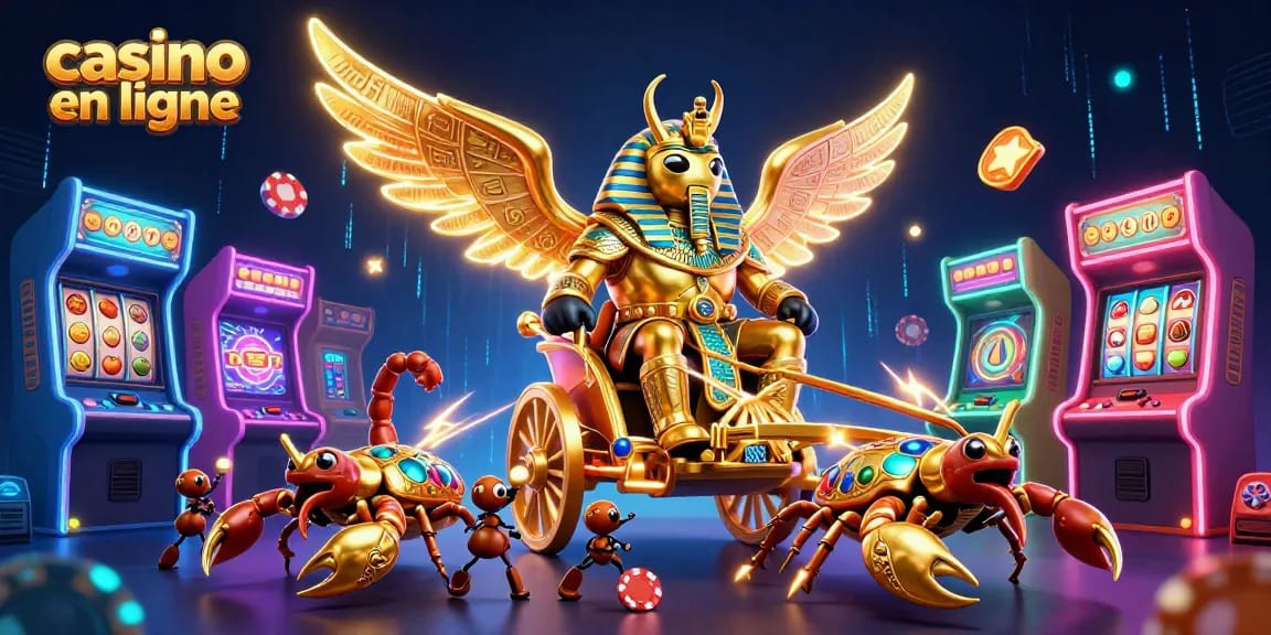 Illustration d'un scarabée doré colossal dans un casino en ligne avec des machines à sous et des jetons de poker.