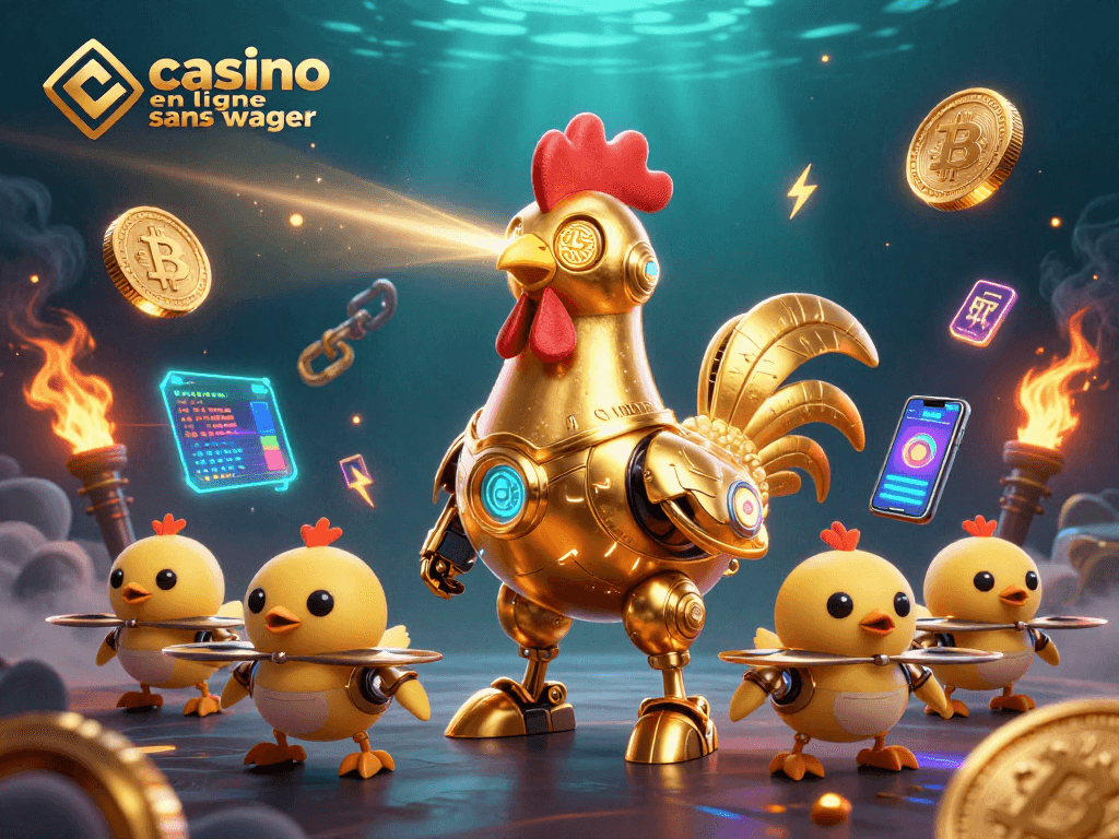 Jouez au casino en ligne sans wager avec notre robot coq futuriste et des drones en arrière-plan.