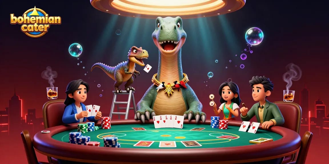 Engage with bohemiancater's thrilling poker scene featuring a giant dinosaur and clever dealer in action.
