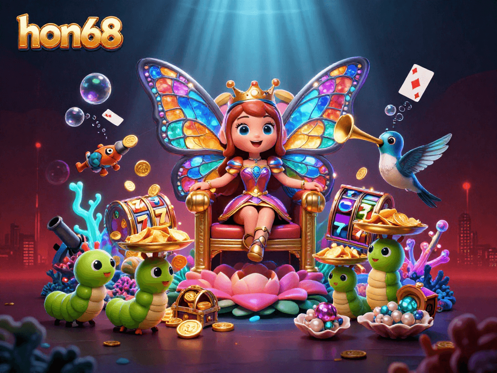 Experience thrilling gaming adventures at hon68 with a vibrant 3D illustration showcasing slot reels, enchanting characters, and jackpots.
