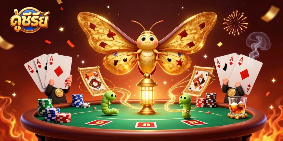 Engage with ดูซีรี่ย์ as golden-winged moths flutter amidst a vibrant casino scene filled with poker elements.