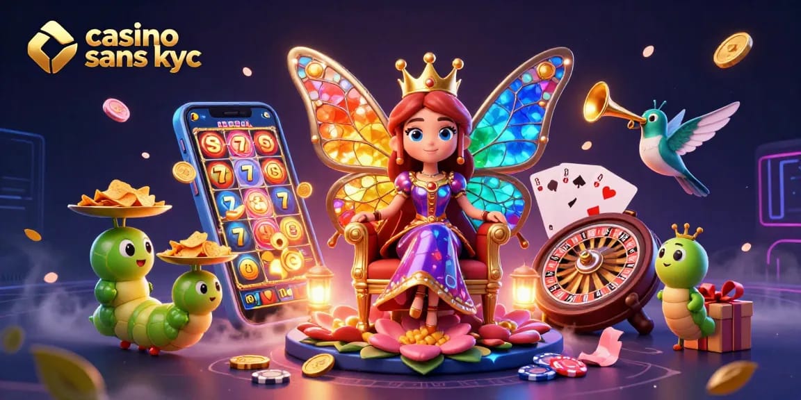 Jeux captivants au casino sans KYC avec une reine papillon et des éléments de jeu animés.