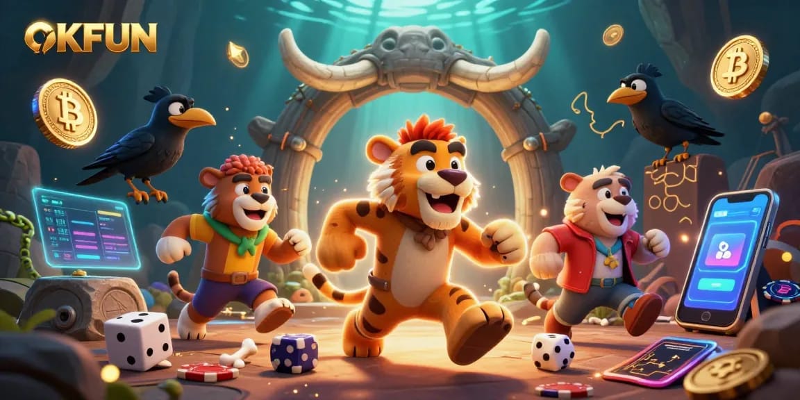 Engage in thrilling casino gameplay at OKFUN featuring exciting 3D illustrations of diverse games and vibrant characters.