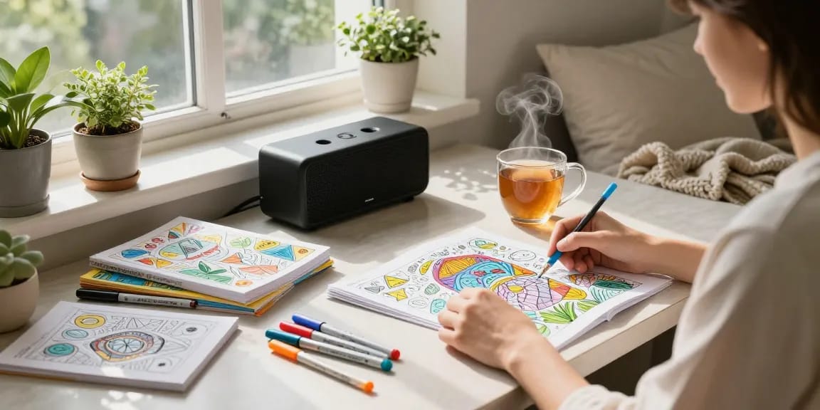 Coloring for stress relief activity with vibrant markers and soothing tea in a cozy home.