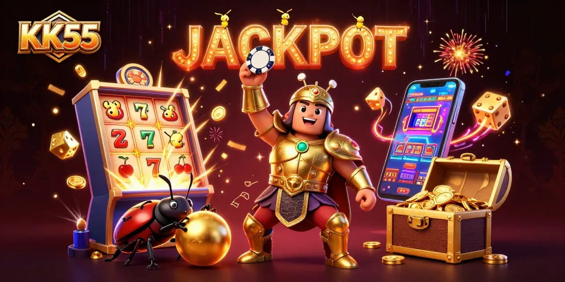 Experience thrilling wins at KK55 with cartoon champions celebrating a big jackpot!