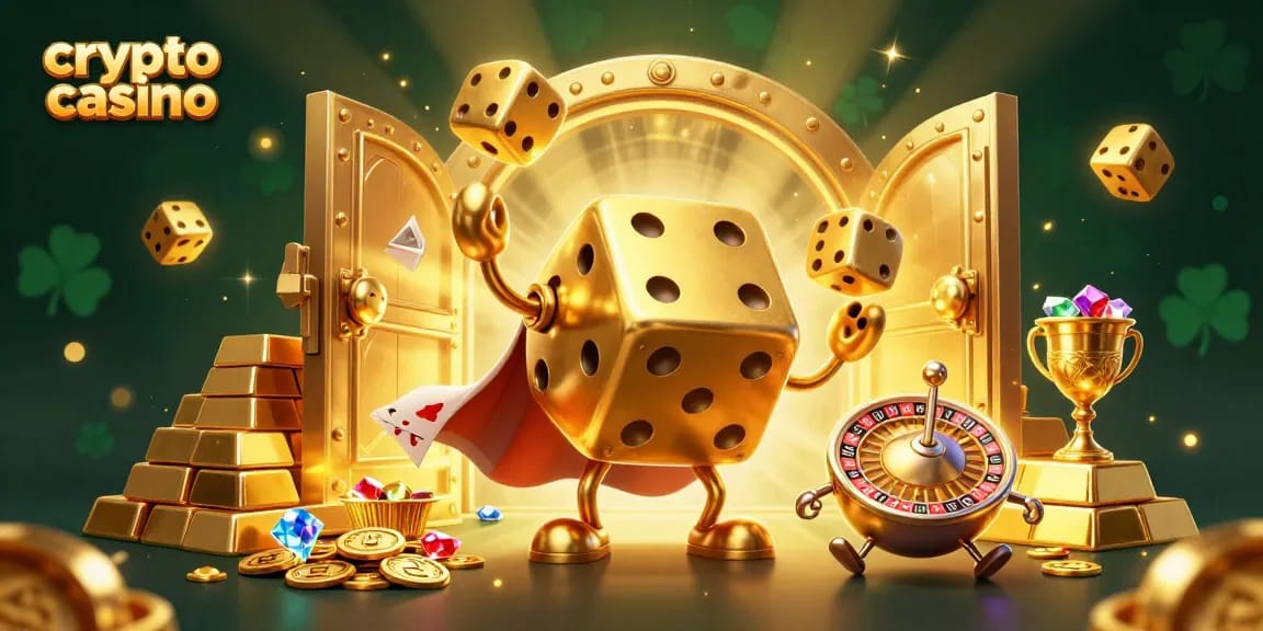 Joue dans un crypto casino avec des personnages animés, des dés dorés et des éléments de jackpot autour