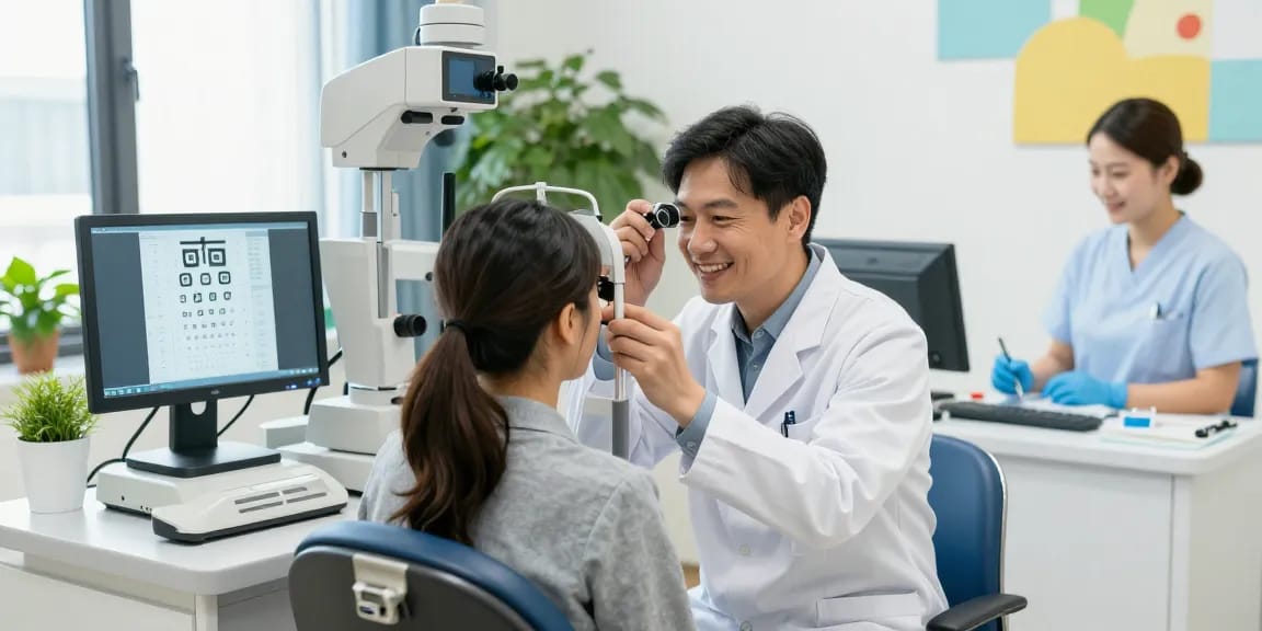ตรวจสายตา in an advanced eye clinic with a doctor examining a patient using digital tools and bright, welcoming decor.