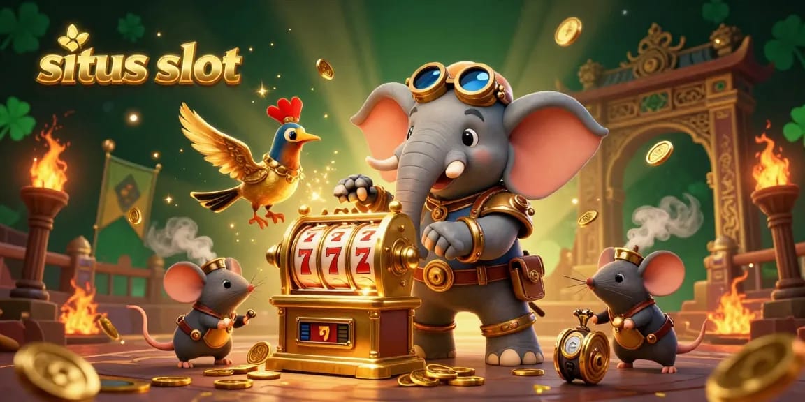 Sparks fly as the steampunk elephant engineer operates the golden situs slot, showcasing vibrant game symbols.