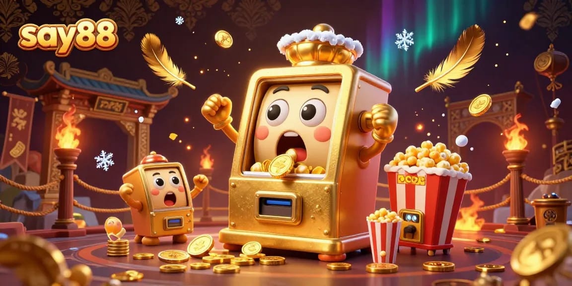 Say88's golden slot machine shocks with a jackpot, surrounded by cheering baby slots and gold coins in an exciting casino scene.