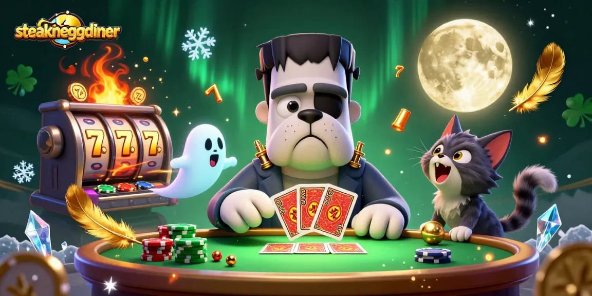 steakneggdiner brings thrilling casino action with a Frankenstein bulldog monster dealing cards in a vibrant scene.