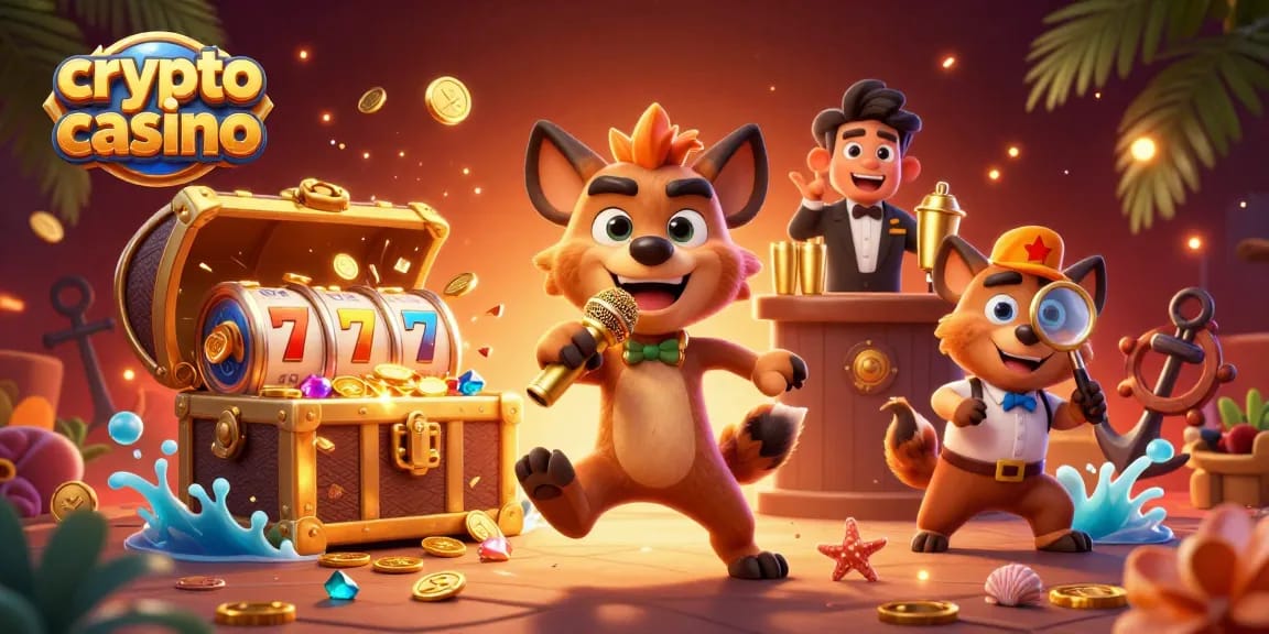 Experience the fun at a crypto casino with hyenas in a vibrant comedy club atmosphere.