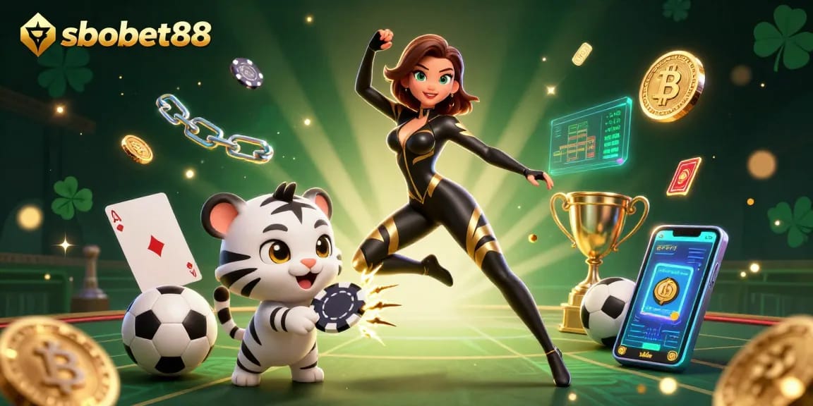 Experience exciting gameplay at sbobet88 with a stunning woman in a catsuit and baby tiger playing with poker chips.
