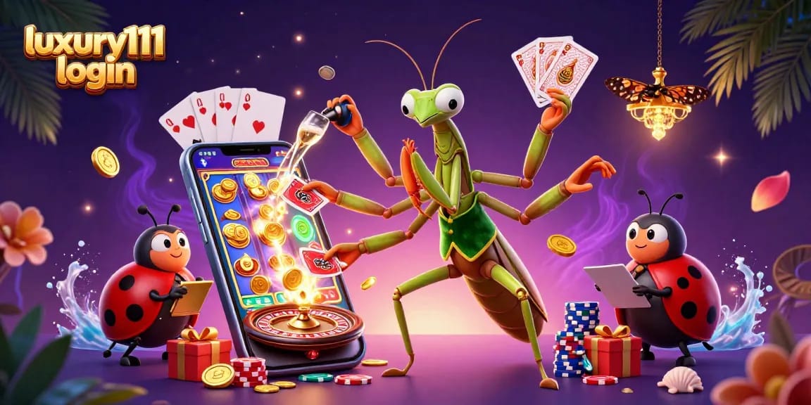 Engage with luxury111 login through vibrant casino elements featuring a giant praying mantis card sharp and ladybug pit boss.